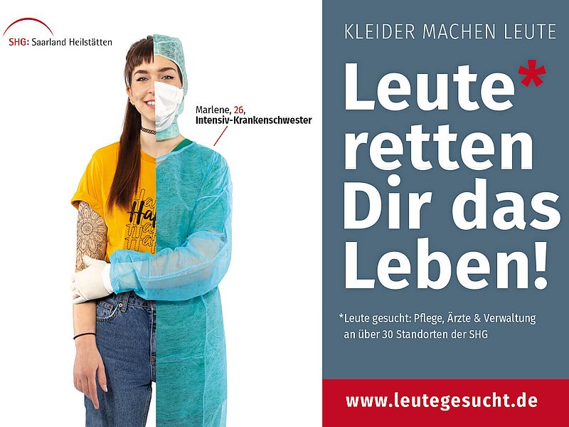 Person ist halb alltäglich und halb in Pflegekleidung gekleidet und rechts daneben Text Leute retten Dir das Leben