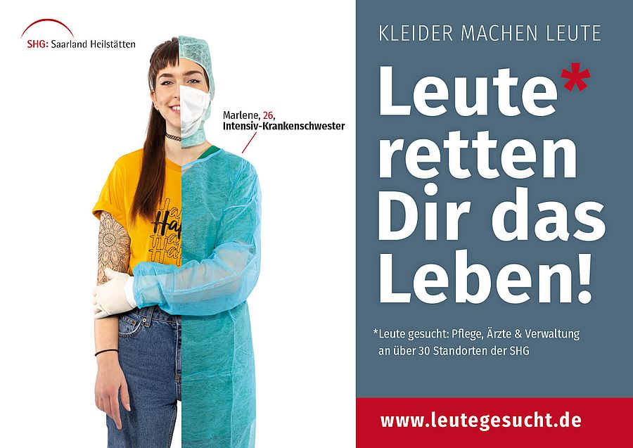 Person ist halb alltäglich und halb in Pflegekleidung gekleidet und rechts daneben Text Leute retten Dir das Leben