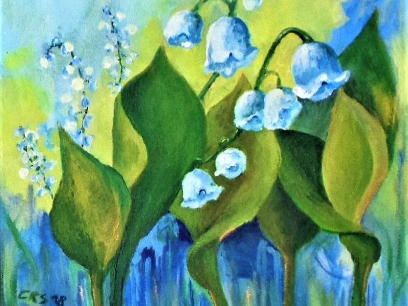 Gemaltes Bild zeigt grüne Blätter und hellblaue Blumen