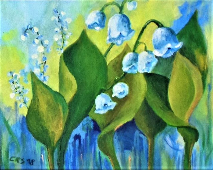 Gemaltes Bild zeigt grüne Blätter und hellblaue Blumen