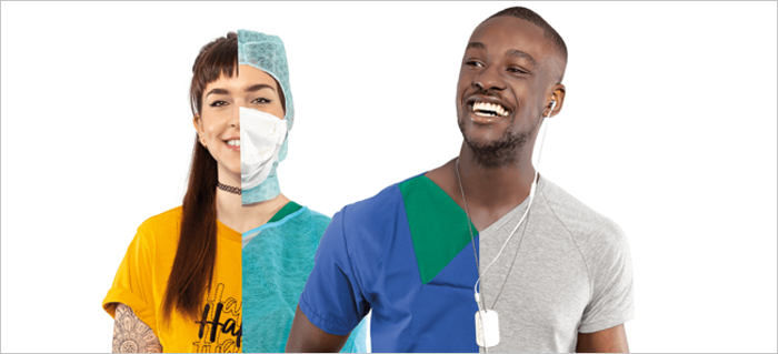 Fotomontage: zwei Personen, halb alltäglich und halb in Pflegekleidung angezogen.